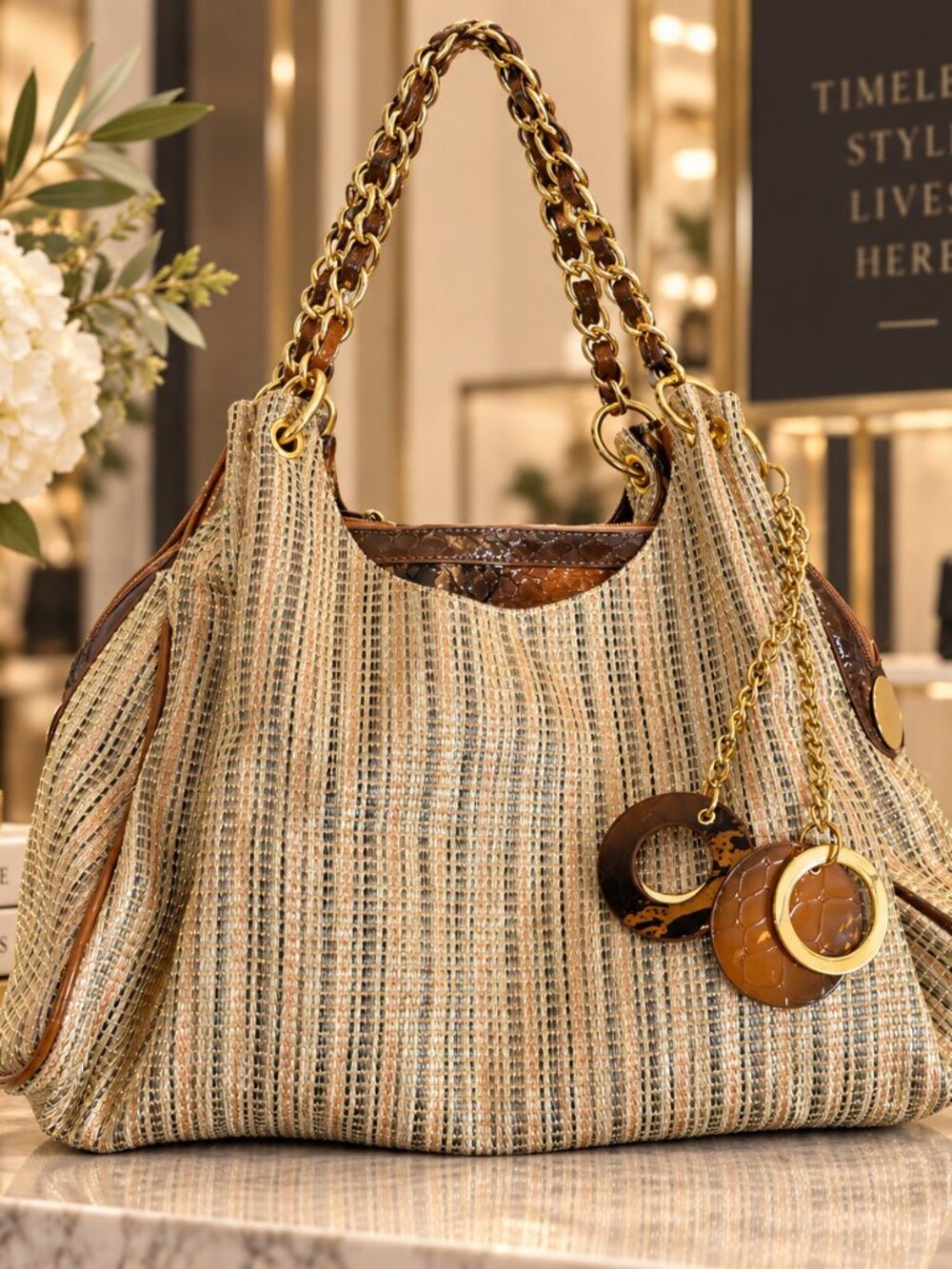 Veneto Metallic Gold Woven Hobo Shoulder Bag Chain Handles Large